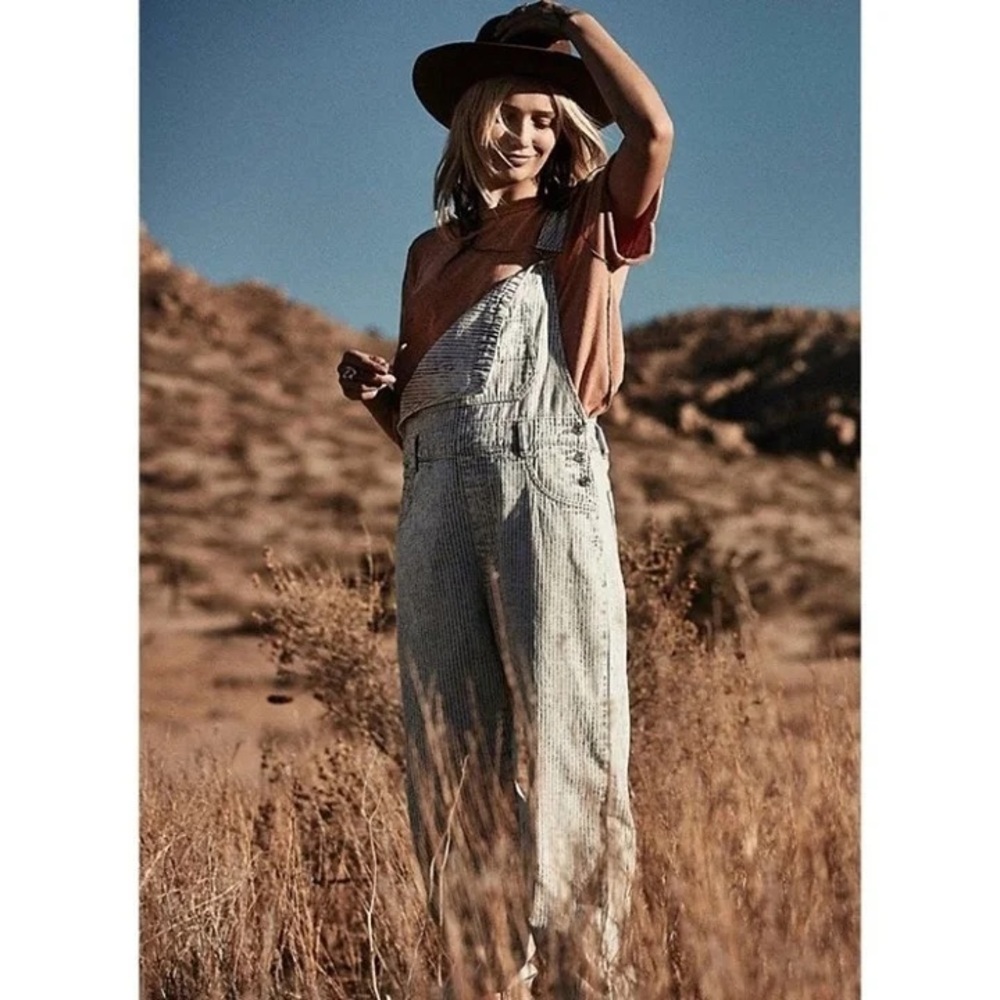 Free People Ziggy Railroad Overalls Denim Light Blue Stripes